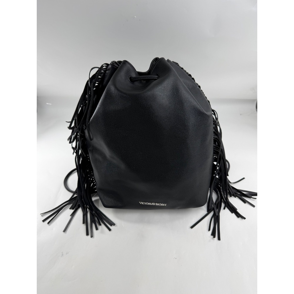 Victoria's Secret Black Pebbled Faux Leather Fringe Drawstring Bucket Bag Silver